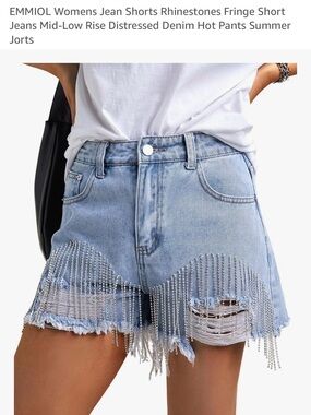 EMMIOL Womens Jean Shorts Rhinestones Fringe Mid-Low Rise Distressed Denim